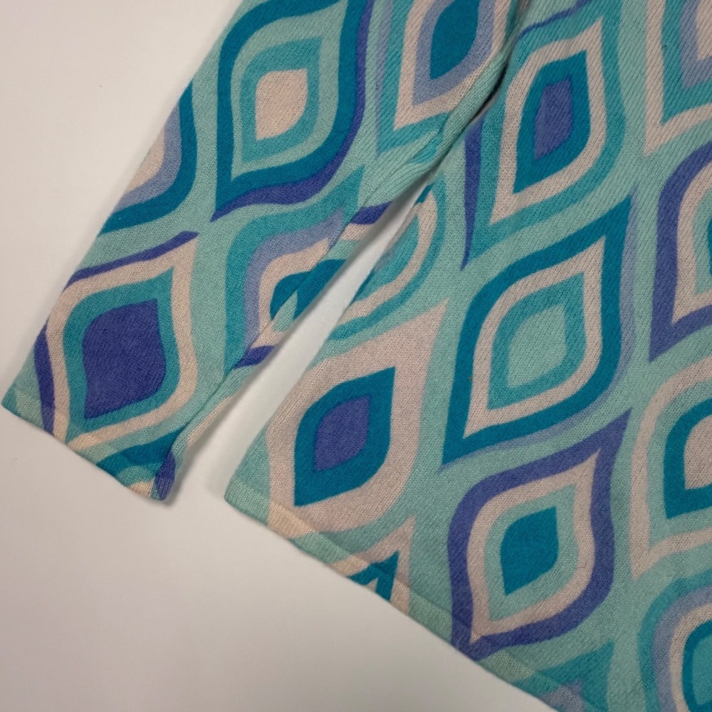 Talbots Pure Cashmere V-Neck Sweater Blue Geometric Teardrop Print Y2K Petites S - Picture 3 of 4